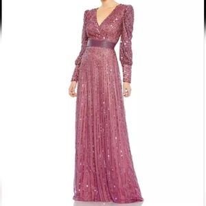 Mac Duggal Size 14 Mauve Sequined Wrap Over Bishop Sleeve Gown, NEW
